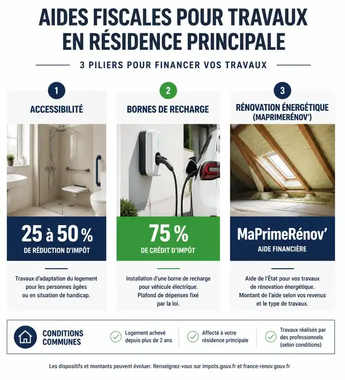 Infographie des dispositifs fiscaux pour travaux déductibles impôts résidence principale 2024