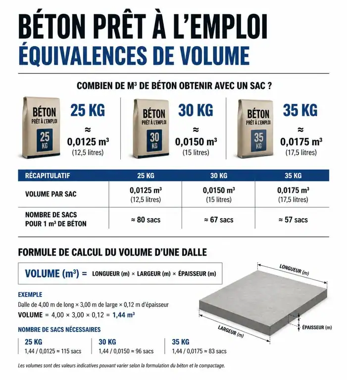 Tableau de conversion et calcul du nombre de sacs de béton prêt à l'emploi par m3