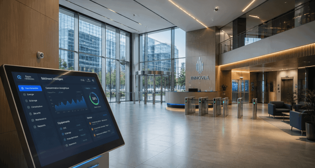 Hall bâtiment intelligent avec écran gestion énergétique