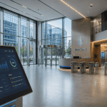Hall bâtiment intelligent avec écran gestion énergétique