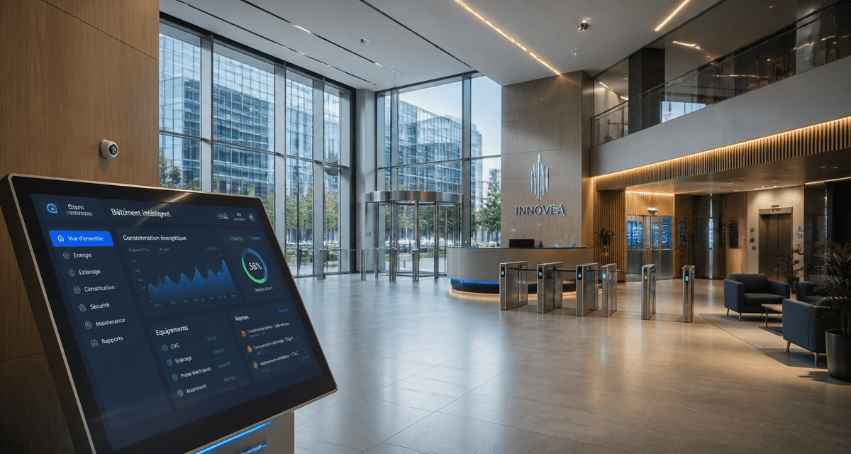 Hall bâtiment intelligent avec écran gestion énergétique