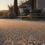 beton lavé terrasse avec gravillons et salon jardin