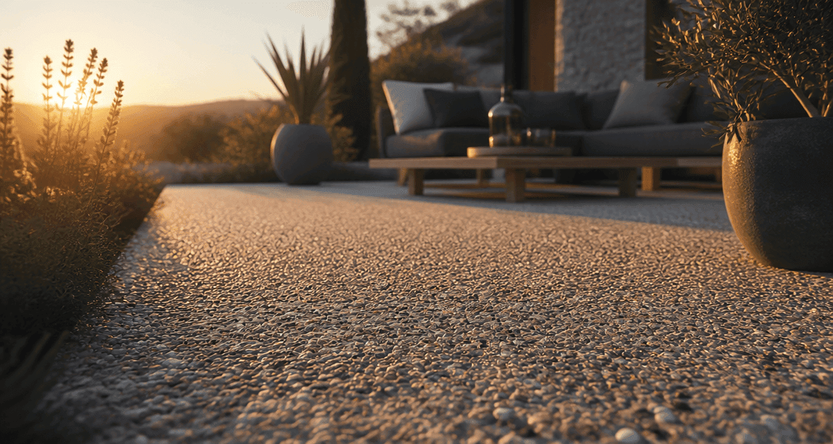 beton lavé terrasse avec gravillons et salon jardin
