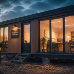 Bungalow préfabriqué moderne sur chantier actif au crépuscule