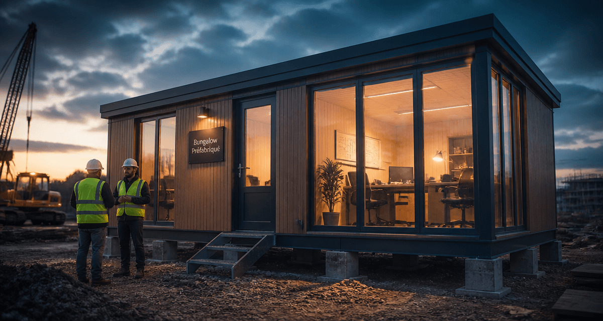 Bungalow préfabriqué moderne sur chantier actif au crépuscule