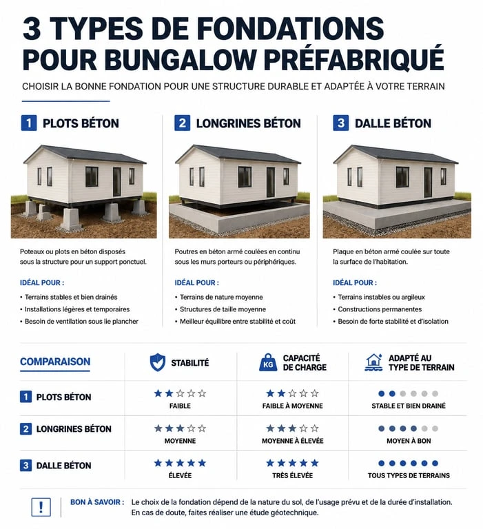Comparatif des types de fondations pour bungalow préfabriqué : plots, longrines et dalle béton.