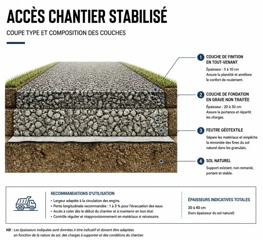 Schéma technique des couches d'un accès chantier stabilisé pour véhicules lourds