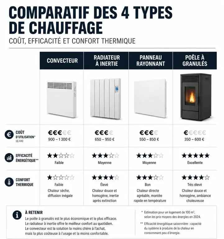 Infographie comparative des systèmes de chauffage pour appartement mal isolé