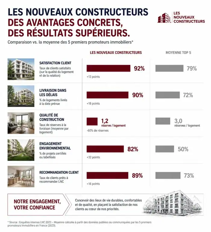 Infographie comparative des avis et performances du promoteur immobilier Les Nouveaux Constructeurs