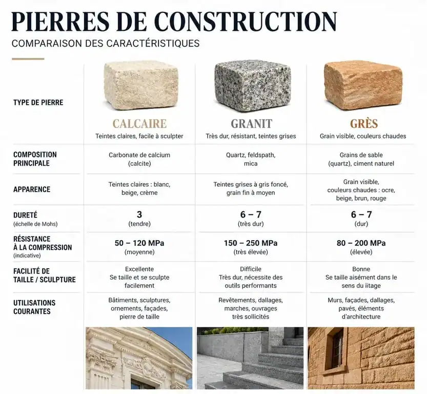 Comparatif des types de pierre pour maison en pierre de taille : calcaire, granit et grès