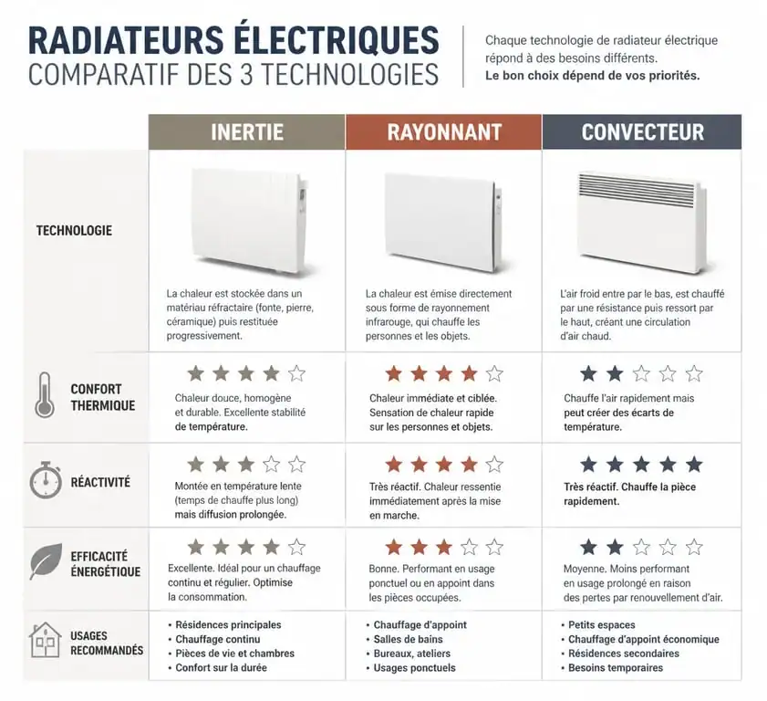 Comparatif des technologies de radiateurs électriques : inertie, rayonnant et convecteur pour choisir le meilleur radiateur électrique