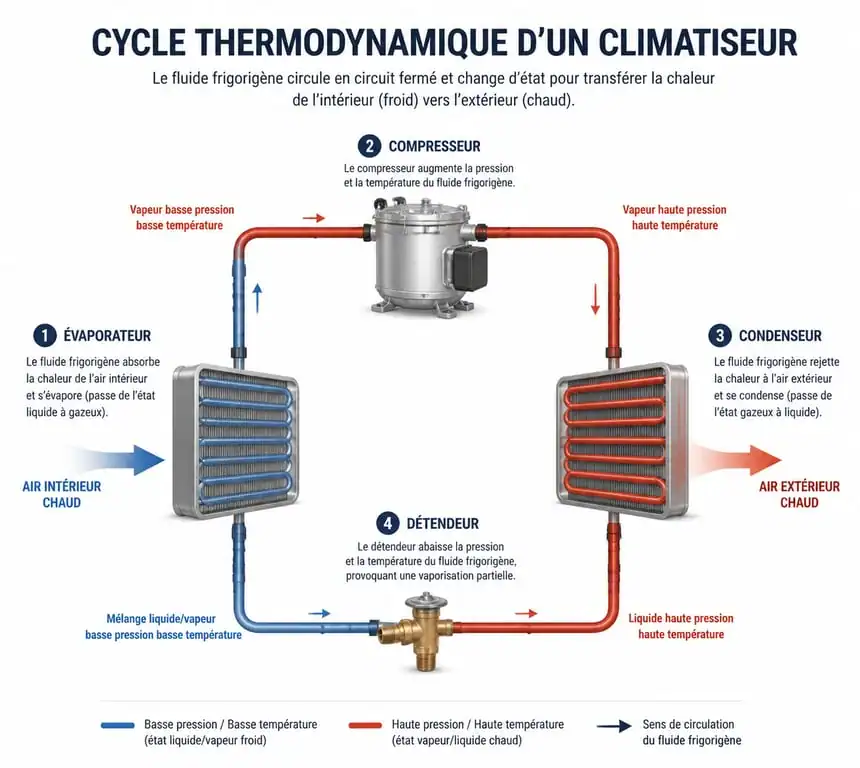 Schéma du fonctionnement thermodynamique d'un climatiseur et de son cycle frigorifique