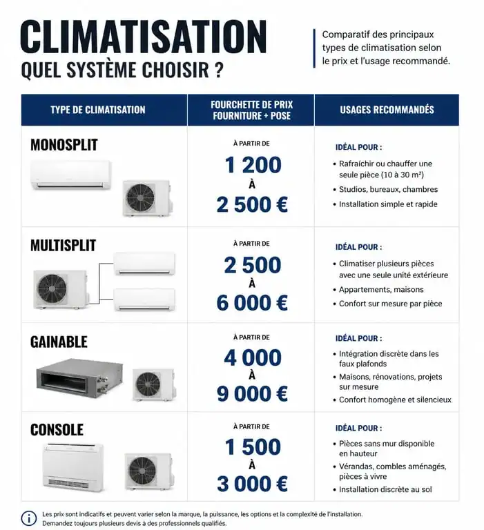 Comparatif des prix et types de climatisation pour votre projet