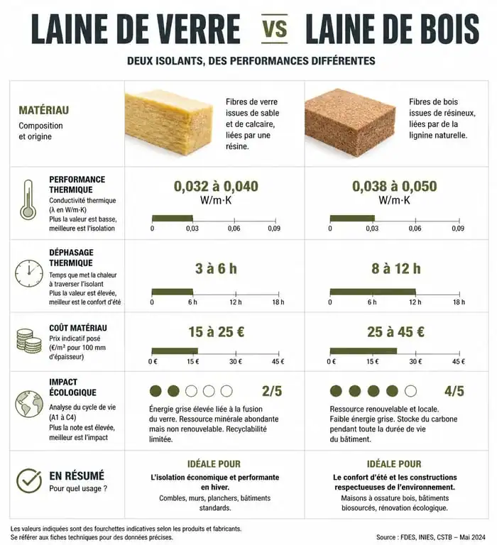 Infographie comparative laine de verre vs laine de bois pour l'isolation thermique
