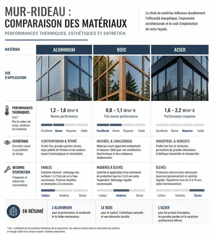 Comparatif des matériaux pour mur-rideau de maison : aluminium, bois et acier