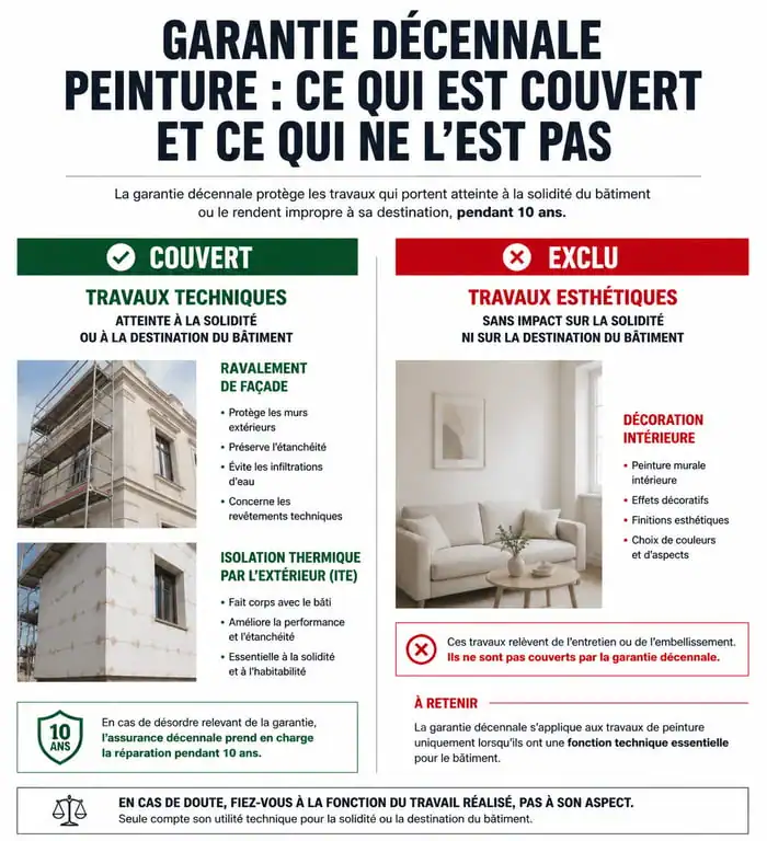 Infographie comparative des travaux couverts et non couverts par la garantie décennale peinture