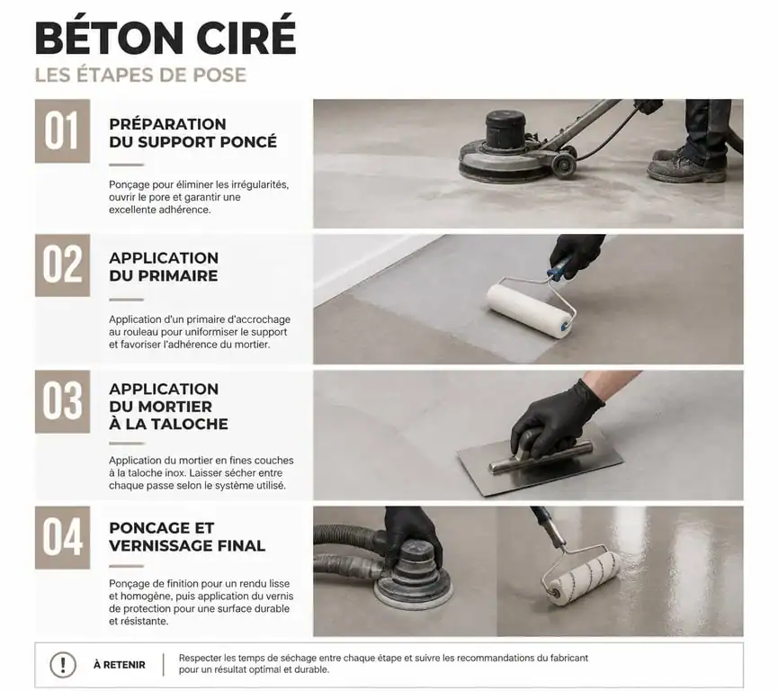Étapes de réalisation d'un béton ciré : préparation, application et finitions pour un rendu professionnel.