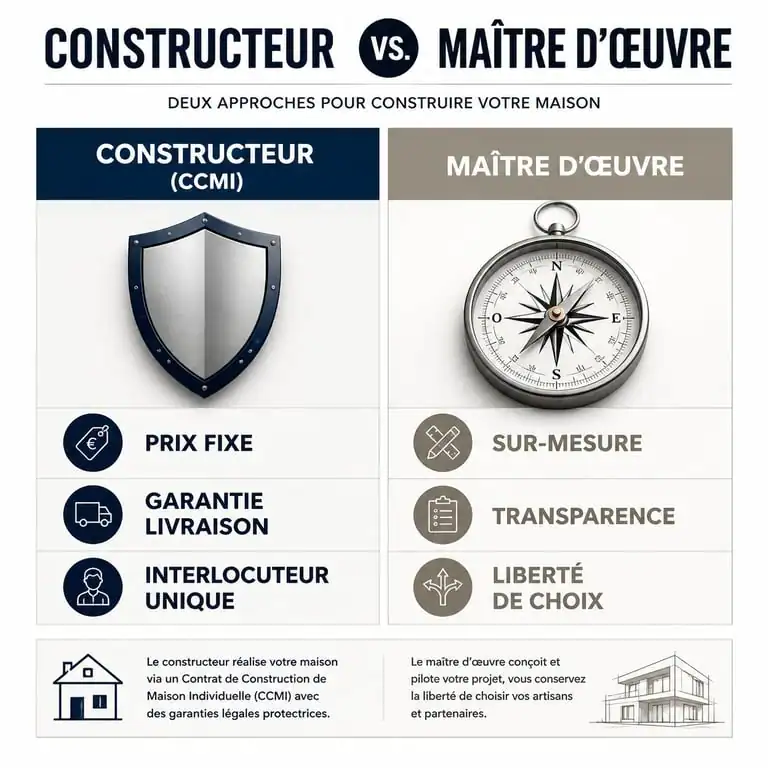 Comparatif entre constructeur de maison individuelle et maître d'œuvre pour choisir son partenaire de construction