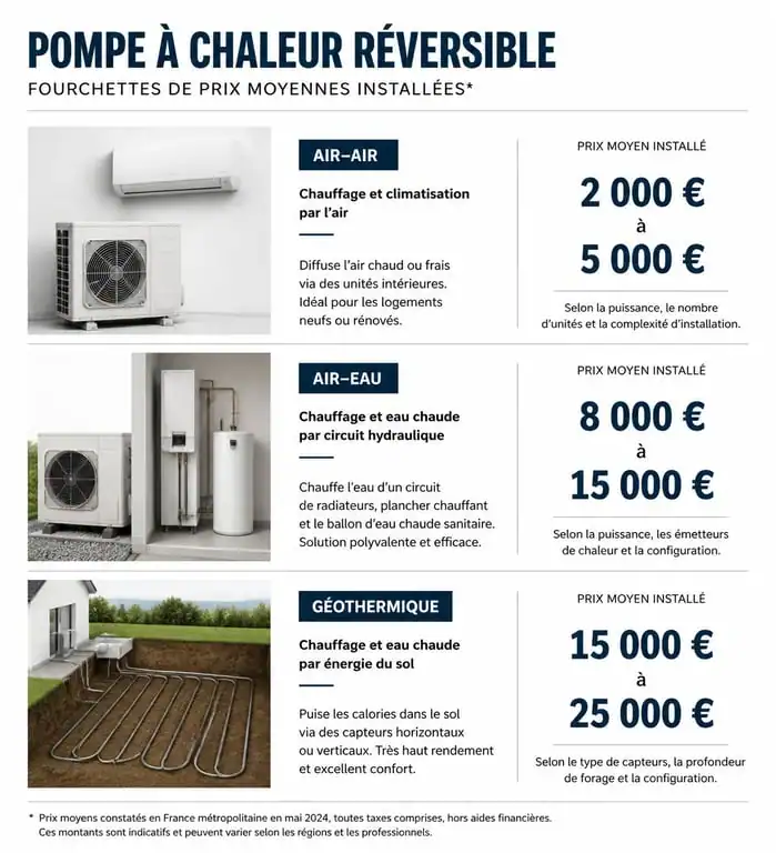 Comparatif des prix d'installation d'une pompe à chaleur clim réversible selon la technologie