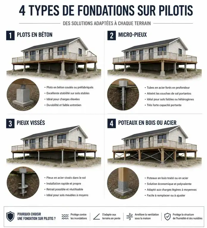 Infographie comparative des techniques de fondation pour constructeur maison sur pilotis