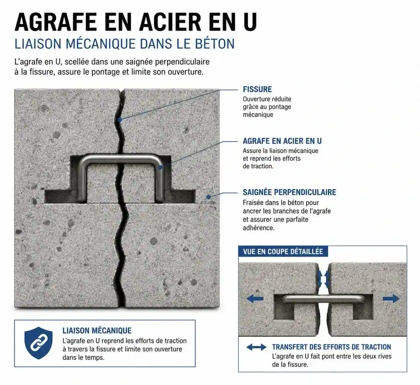 Schéma d'installation d'une agrafe pour béton dans une fissure structurelle