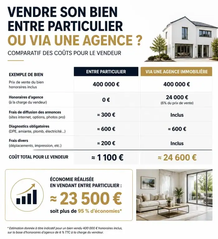Infographie comparative des frais de vente maison sans agence versus avec agence immobilière