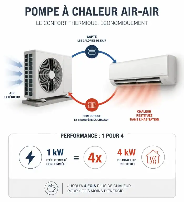 Infographie fonctionnement pompe à chaleur air-air et économies d'énergie climatisation EDF