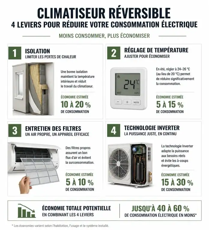 Infographie des 4 leviers pour réduire la consommation électrique d'un climatiseur réversible
