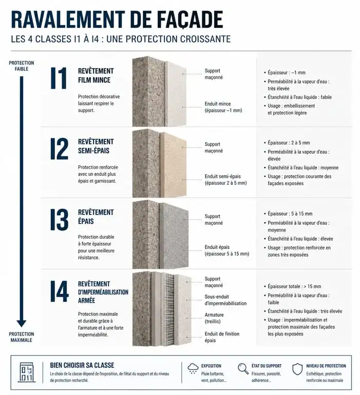 Infographie des classes de ravalement de façade I1 à I4 pour un projet de ravalement 92