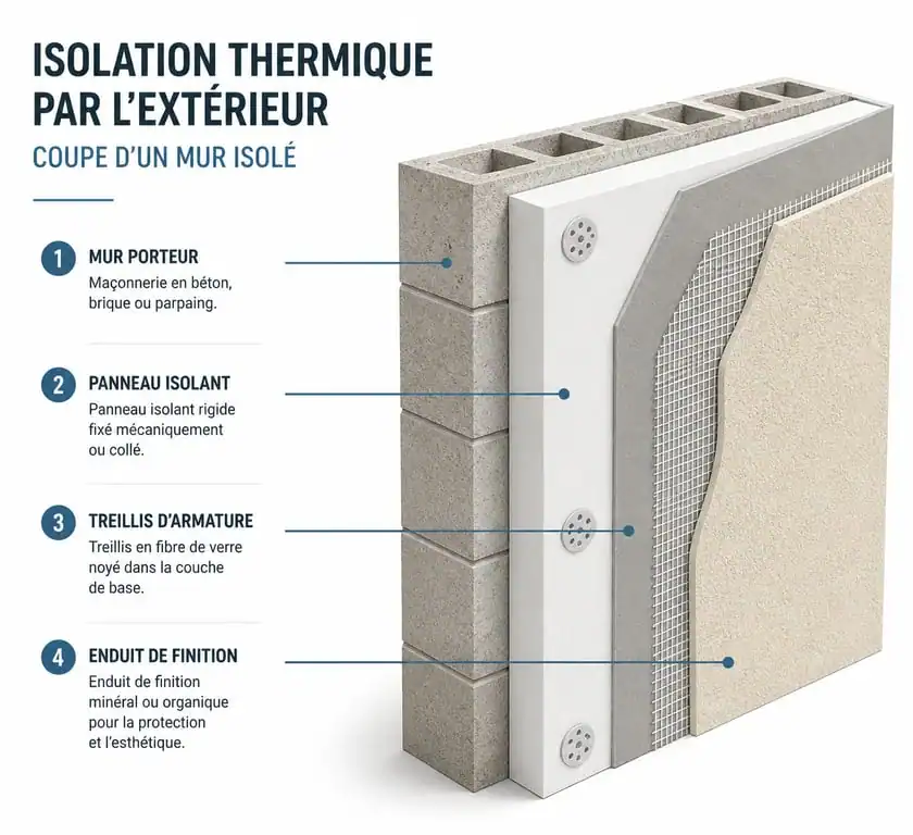 Schéma technique des couches d'une isolation thermique par l'extérieur (ITE)