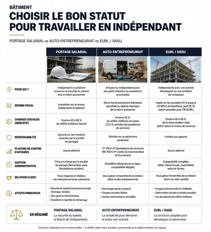 Comparatif des statuts professionnels pour le portage salarial bâtiment à Toulouse