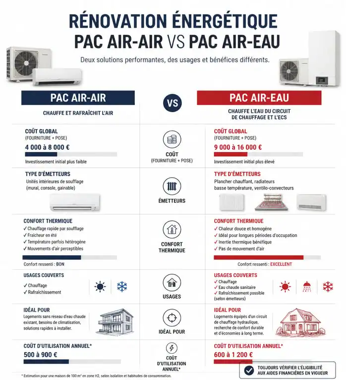 Comparatif pompe à chaleur air-air vs air-eau pour installation avec radiateurs électriques