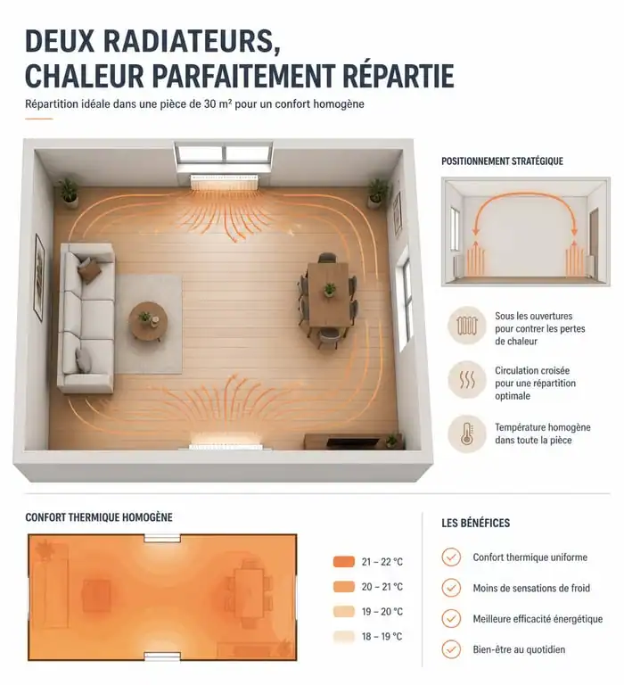 Schéma de répartition optimale de deux radiateurs pour chauffer efficacement 30m2