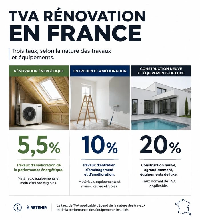 Infographie des taux de TVA 10% ou 20% pour les travaux de rénovation