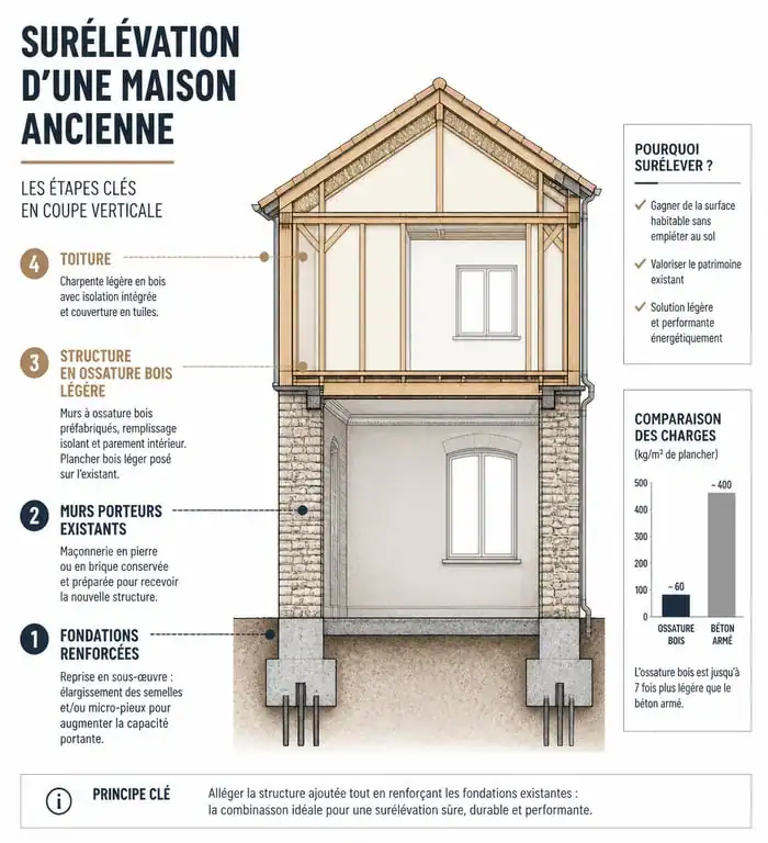 Schéma technique des étapes de surélévation d'une maison ancienne avec ossature bois
