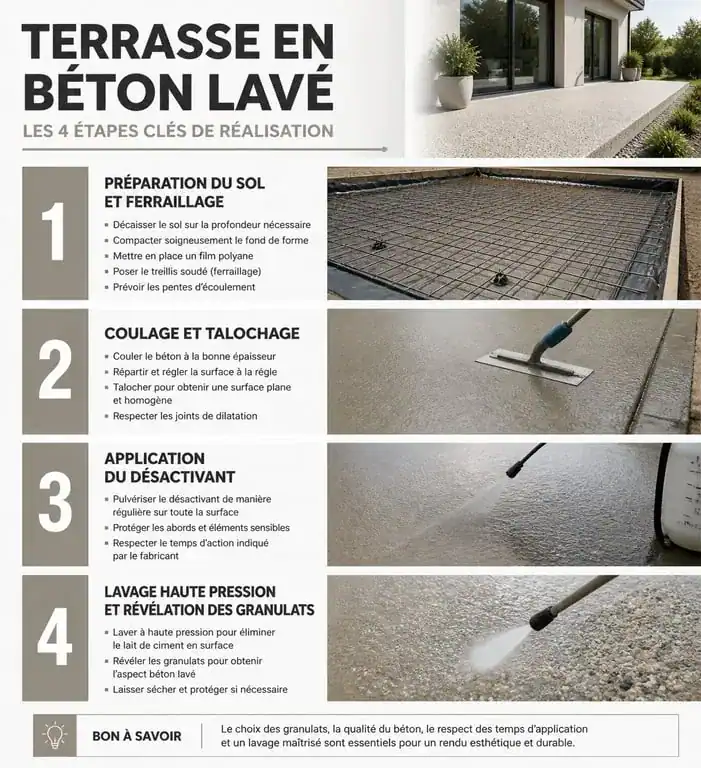 Étapes de réalisation d'une terrasse en béton lavé