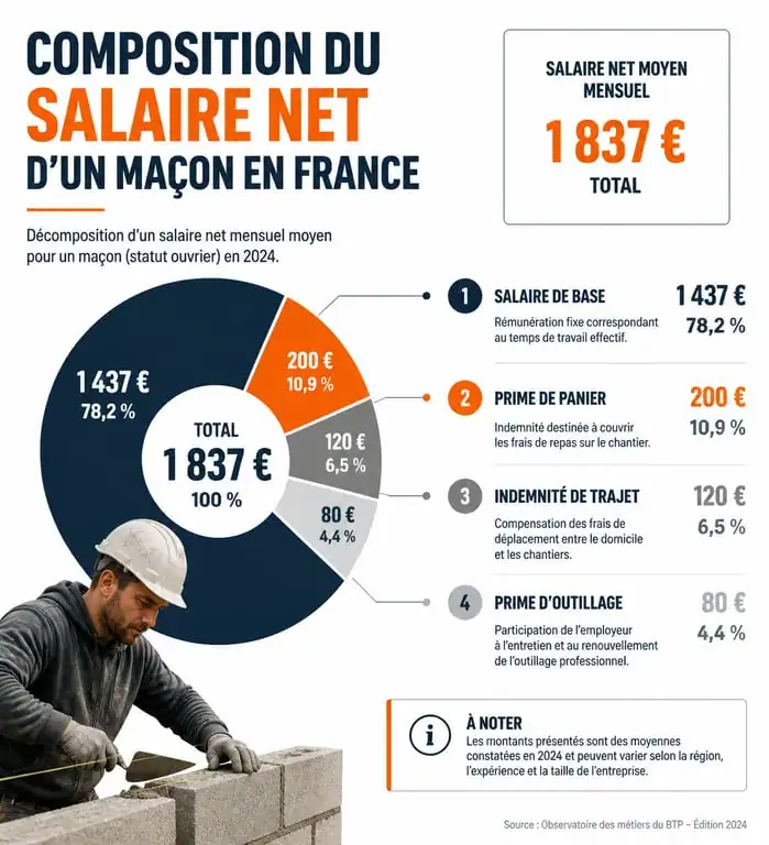 Infographie sur la composition du salaire maçon net en France