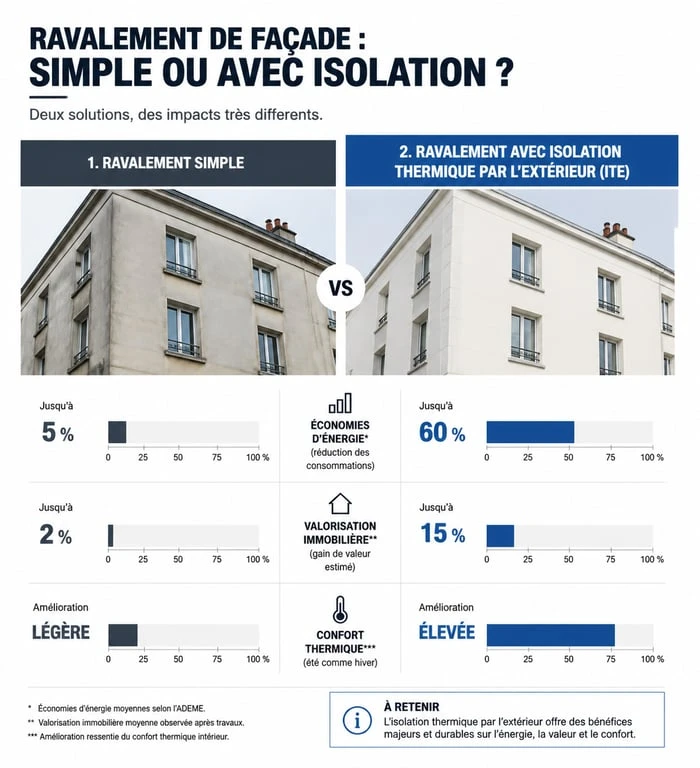 Comparatif des bénéfices d'un ravalement de façade avec isolation thermique par l'extérieur ITE