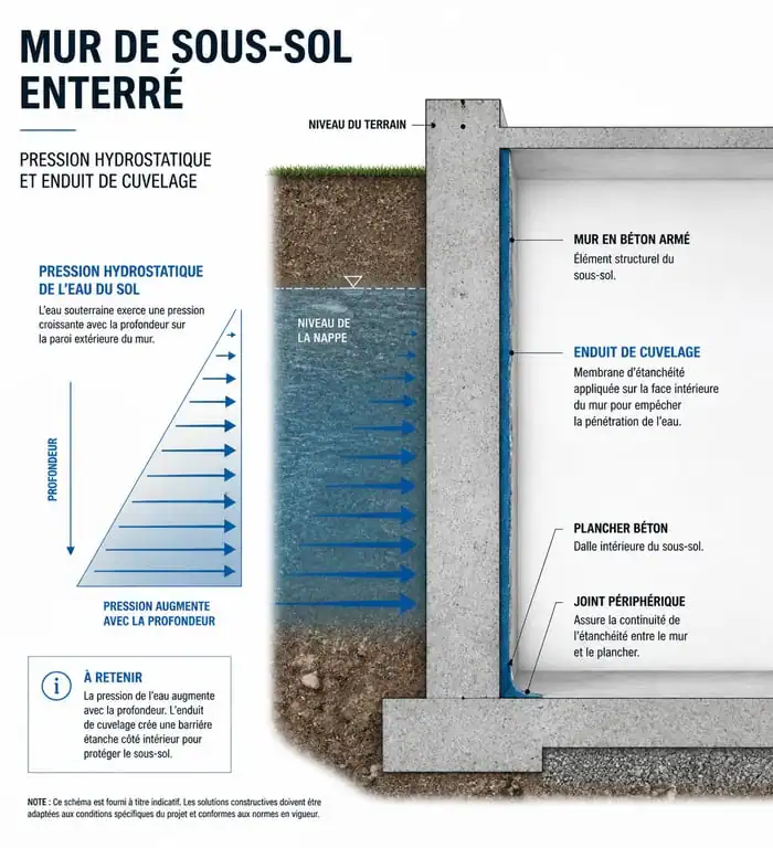 Schéma technique de cuvelage de mur enterré pour l'étanchéité d'une cave