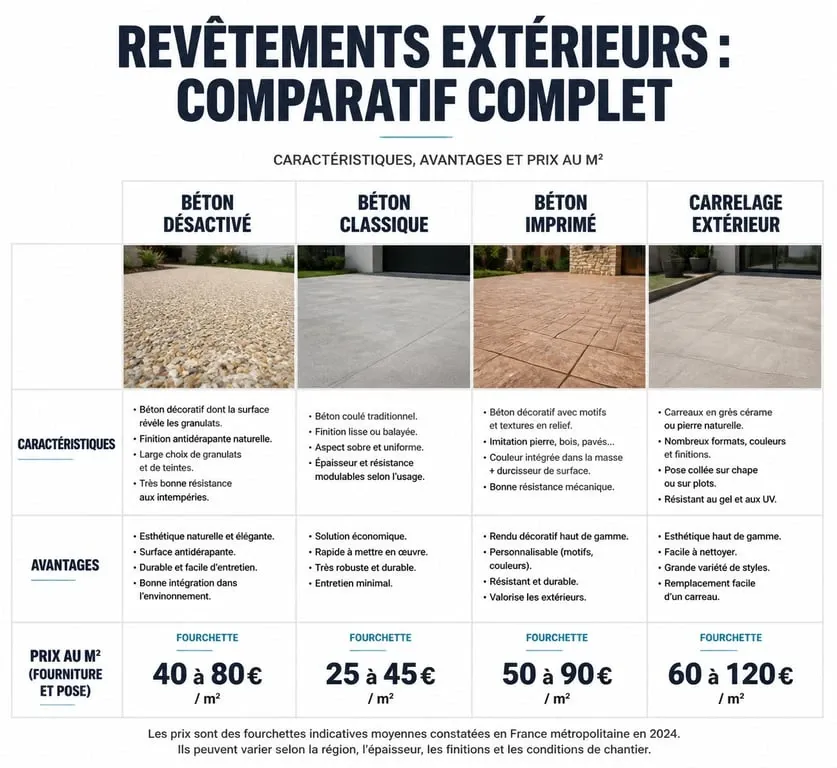 Comparatif des prix et avantages pour une terrasse en béton désactivé et autres revêtements