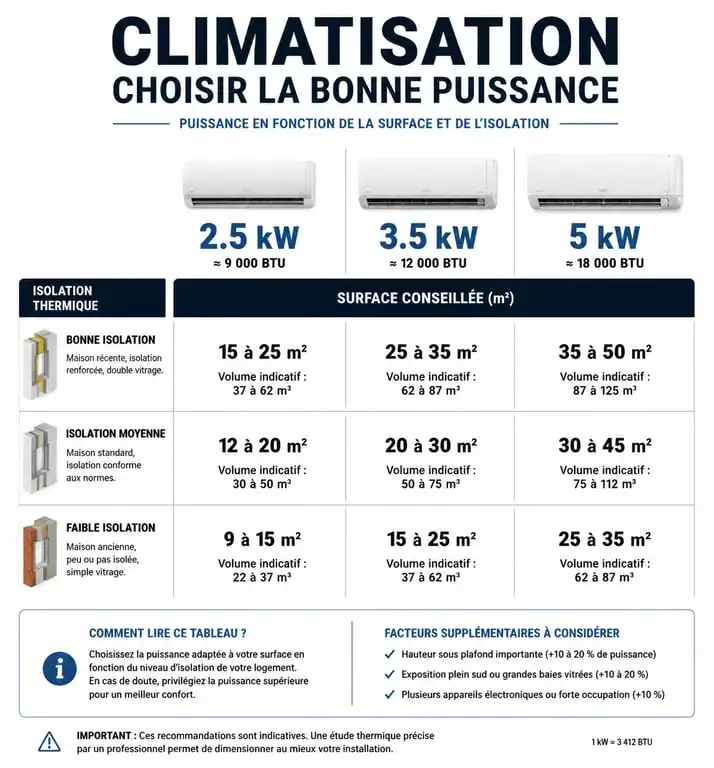 Infographie des puissances de climatisation recommandées selon la surface en m2 et l'isolation