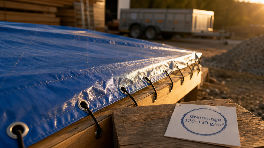 Baches bleues tendues sur chantier, grammage 120–180 g/m²