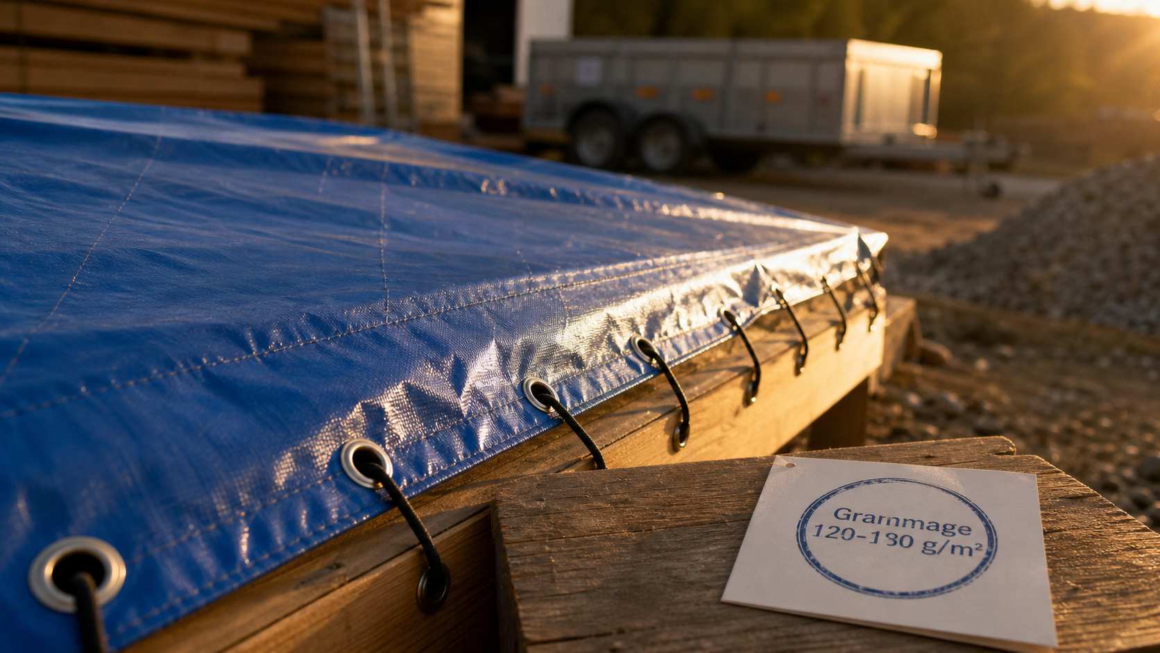 Baches bleues tendues sur chantier, grammage 120–180 g/m²