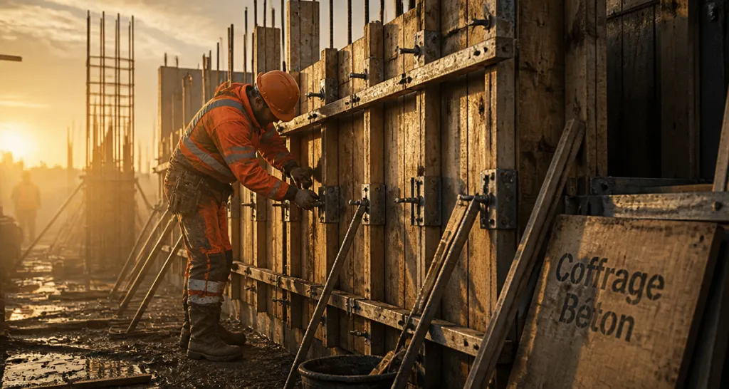 Coffrage mur béton ouvrier chantier