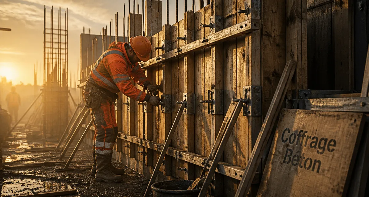 Coffrage mur béton ouvrier chantier