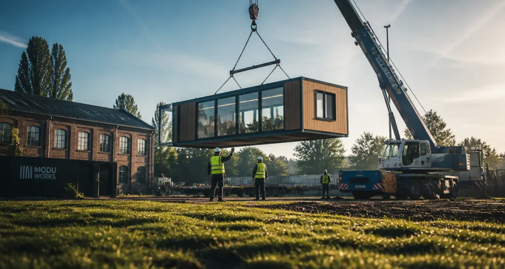 construction bureaux modulaires grue ouvriers chantier