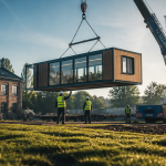 construction bureaux modulaires grue ouvriers chantier