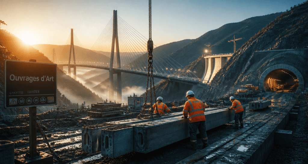 Construction de grands ouvrages chantier au lever du jour