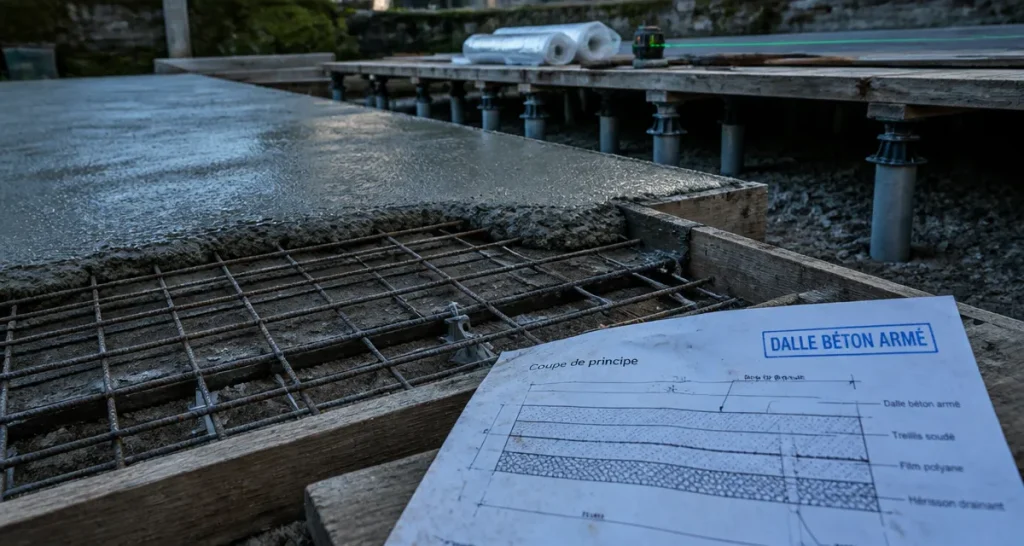 Dalle en béton armé sur chantier : coffrage, treillis et béton frais