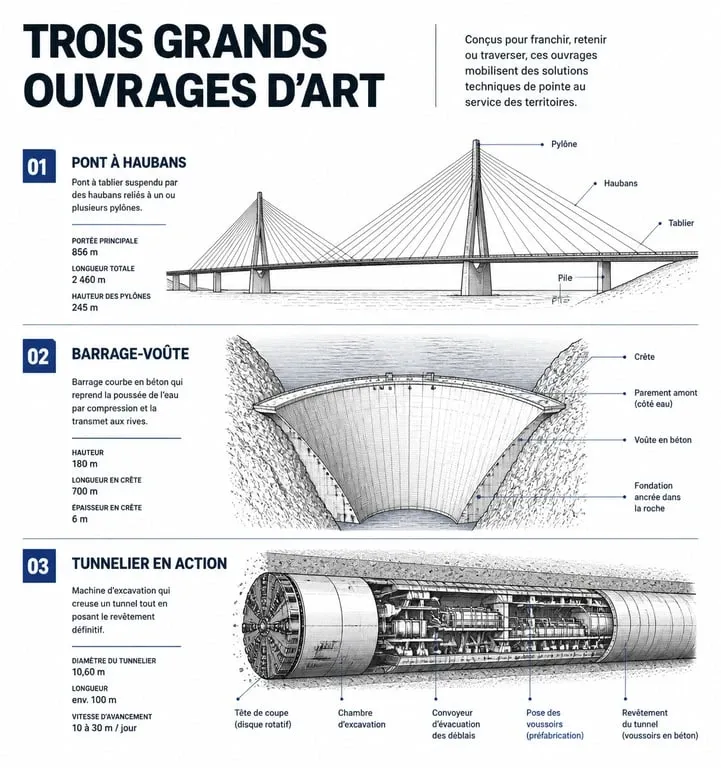 Schéma illustrant les différents types de grands ouvrages de construction : pont, barrage et tunnel.